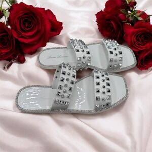 Lauren Lorraine White Studded Rhinestone Jelly Slides Women's Size 6.5 Sandals